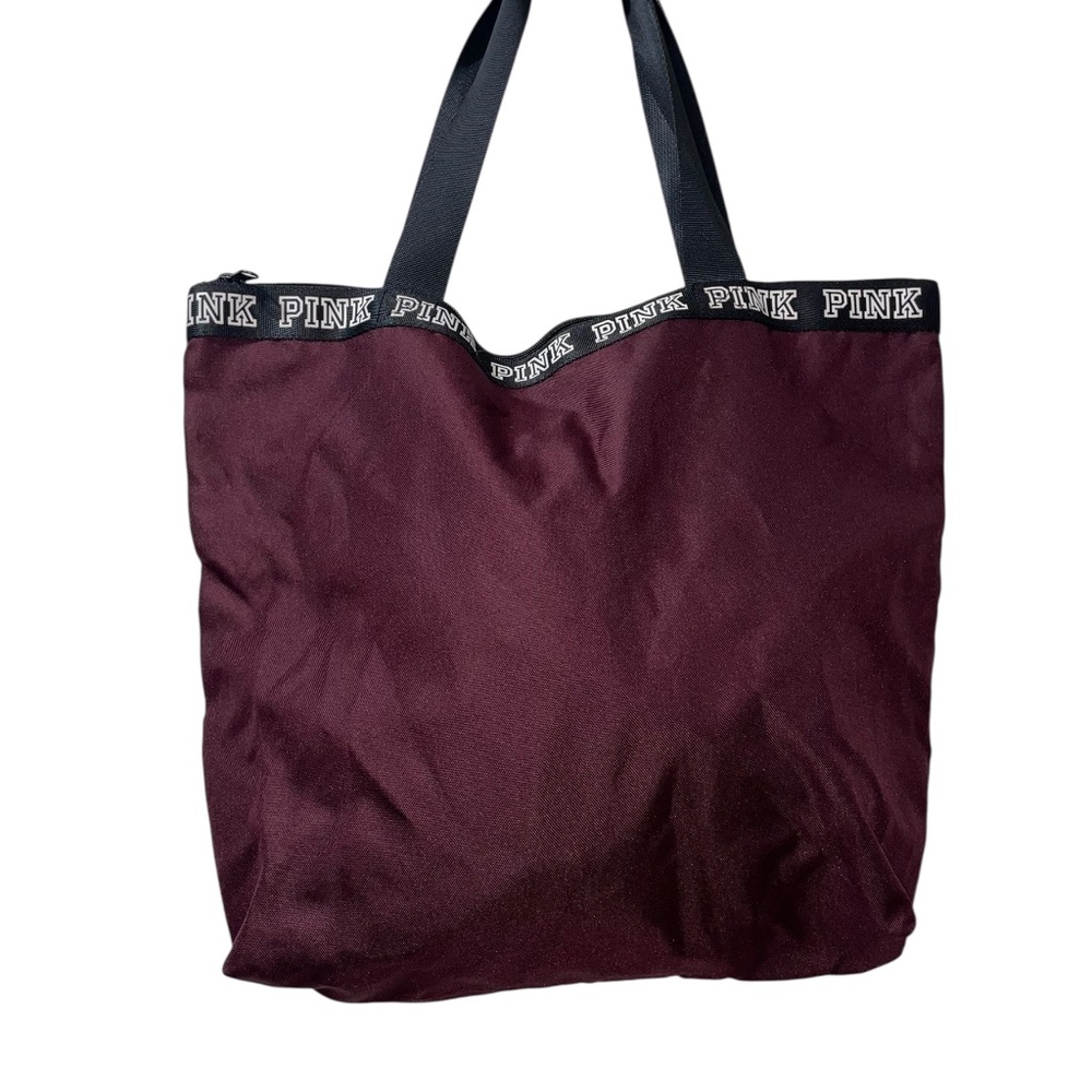 Victoria's Secret Burgundy Black Zipper Closure Tote Bag Logo PINK - Picture 2 of 6
